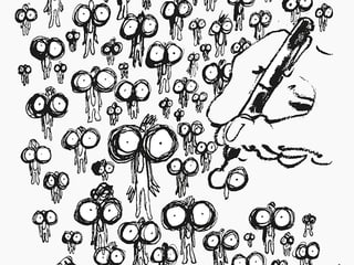 Zeichnug: Eine Hand zeichnet mit einem Stift viele kleine Figuren mit grossen Augen.