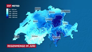 Die Karte zeigt die Regenmengen im Juni. Besonders viel Regen fiel am östlichen Alpennordhang und im Tessin.