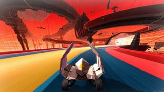 Ein Screenshot vom Spiel «Krautscape» zeigt ein futuristisches Fahrzeug auf einer bunten Rennstrecke. Ein Screenshot vom Spiel «Krautscape» zeigt ein futuristisches Fahrzeug auf einer bunten Rennstrecke.