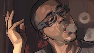 Ein Mann, im Comicstil verfremdet, raucht eine Zigarette und bläst Rauchringe.
