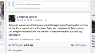 Screenshot einer Facebook-Meldung der Gemeinde Emmen.