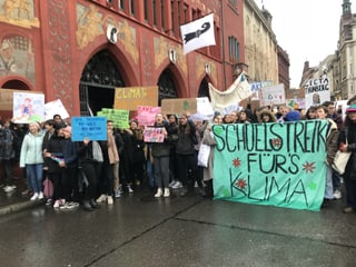 Protesteirdende Jugendliche vor dem Basler Rathaus mit grosses Plakat: Schülerstreik fürs Klima.