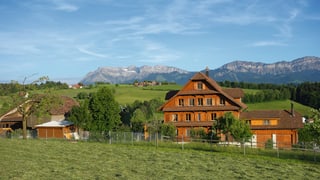 Ein Bauernhof im Mittelland mit Sicht auf den Pilatus