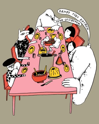 Comic: Ein Vogel, ein Clown, ein Gnom, ein Wolf und drei Kinder sitzen an einem gedeckten Esstisch. Comic: Ein Vogel, ein Clown, ein Gnom, ein Wolf und drei Kinder sitzen an einem gedeckten Esstisch.
