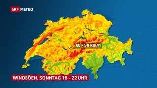 Schweizer Karte mit Einfärbungen von grün über gelb, orange bis rot. Hier v.a. Alpentäler der nördlichen Alpen rot für Sonntagabend bzw. 60 - 90 km/h.