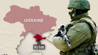 Karte der Ukraine mit der Halbinsel Krim und einem bewaffneten Soldaten.