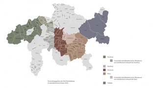 Karte der Schweiz mit Verbreitungsgebieten der Idiome.