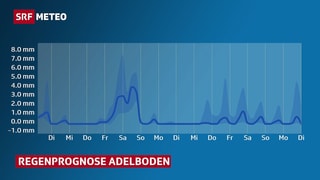 Eine Grafik stellt den wahrscheinlichen Niederschlag für Adelboden, für die kommenden 10 Tagen dar. Eine Grafik stellt den wahrscheinlichen Niederschlag für Adelboden, für die kommenden 10 Tagen dar.