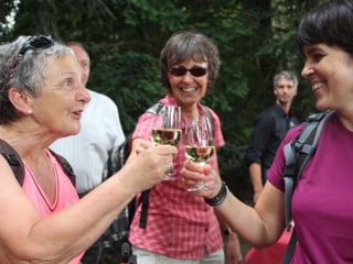 Drei Wanderinnen stossen mit einem Glas Wein auf das Erreichen des Ziels an.