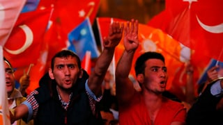 Anhänger der islamisch-konservativen AKP schwingen türkische Fahnen