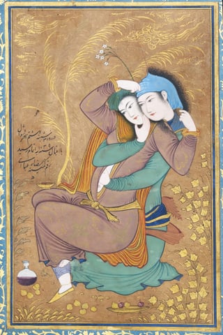 Ein Gemälde: zwei Menschen umarmen sich und fassen sich unter die Kleidung.
