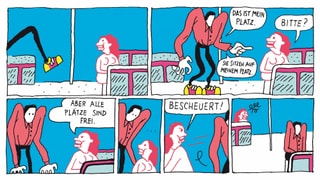 Ein Ausschnitt aus dem Comic. Ein Mann will sich auf seinen Stammplatz im Restaurant setzen, aber er ist besetzt. Er rastet aus. Ein Ausschnitt aus dem Comic. Ein Mann will sich auf seinen Stammplatz im Restaurant setzen, aber er ist besetzt. Er rastet aus.