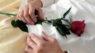 Frau im Krankenbett mit einer Rose in der Hand