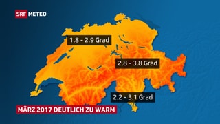 Eine Schweizer Karte zeigt in Farben, wo es wie viel zu warm ist. Vor allem die Alpen stechen in ihrer dunkelroten Farbe als besonders warm hervor.