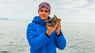 Ein Mann hält einen Fisch in die Kamera Ein Mann hält einen Fisch in die Kamera