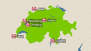 Schweizer Karte, die die betroffenen Universitäten zeigt Schweizer Karte, die die betroffenen Universitäten zeigt