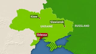 Ukraine-Karte: Die Städte Odessa, Kiew und Slawiansk sind markiert.