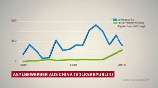 Grafik, die zeigt dass die Zahl der Asylbewerber aus China zurückgeht. Die Zahl der Abgewiesenen, die wegen fehlnder Papiere nicht ausgeschafft werden können, steigt.
