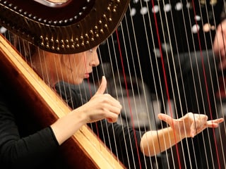 Eine Frau spielt Harfe in einem klassischen Orchester.