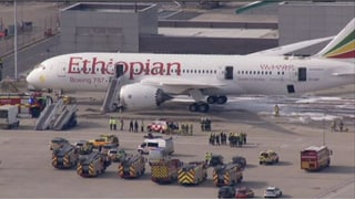 Ein Dreamliner der Ethiopian Airways in Heathrow. Feuerwagen stehen rund herum. Ein Dreamliner der Ethiopian Airways in Heathrow. Feuerwagen stehen rund herum.