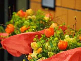 Blumensträusse in den Fraben orange, rot und gelb.