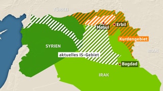 Kartenausschnitt mit eingezeichneten Gebieten IS und Kurden.
