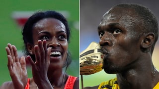Genzebe Dibaba beim Applaudieren, und Usain Bolt küsst seinen goldenen Schuh.