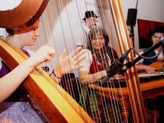 Eine Frau spielt Harfe, eine Frau spielt Hackbrett und ein junger Mann spielt Gitarre.