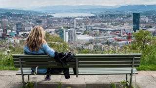 Ein Frau sitzt auf einer Bank und blickt von der Waid über die Zürich. Im Hintergrund wartet das Alpenpanorama auf. (keystone)