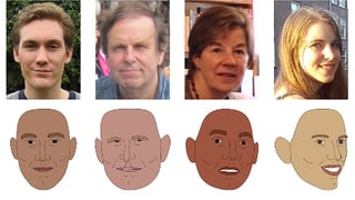 Vier Fotos und vier Zeichnungen aus den Experimenten, mit denen die britischen Psychologen Gesichter analysierten.