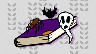 Illustration eines dicken Buchs mit Spinne, Fledermaus und Totenkopf.