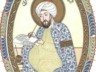 Alte Illustration eines Philosophen. Er trägt einen weissen Turban und schreibt auf ein Papier. 