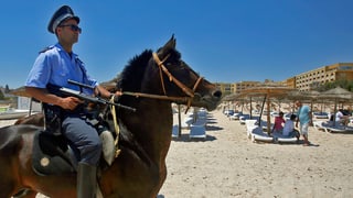 Polizist auf Pferd an Strand Polizist auf Pferd an Strand