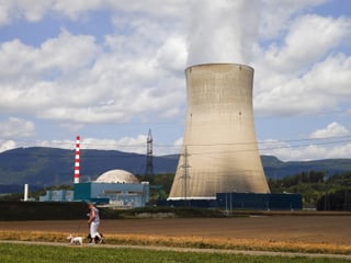 Zu sehen das Atomkraftwerk Gösgen an einem sonnigen Tag, vor dem Werk spaziert eine Frau mit ihrem Hund vorbei