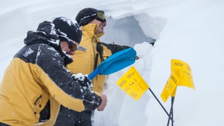 Zwei Retter suchen im Schnee Zwei Retter suchen im Schnee