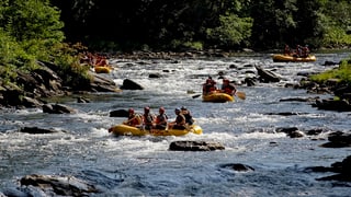 Drei gelbe Boote auf einem Fluss.