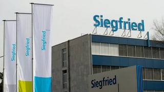 Ein Gebäude mit zwei Siegfried-Schriftzügen im Hintergrund. Vorne Siegfried-Fahnen.