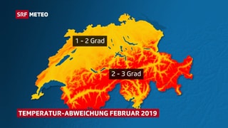Schweizer Karte, die Temperaturabweichung von der Februar-Norm zeigt. Schweizer Karte, die Temperaturabweichung von der Februar-Norm zeigt.