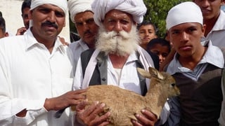Eine Gruppe von Männern hält ein kleines Tier in der Hand. 