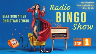 Frau auf Stuhl, fliegendes Telefon, Radio mit Bingozahlen, auf blauem Grund. 