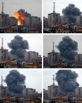 Explosion und Staubwolke in den sechs Bildern des Einsturzes des Wohnblocks.