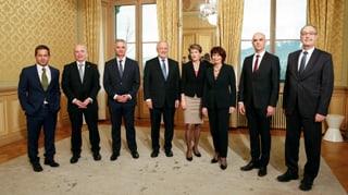 Sieben Bundesräte und der Bundeskanzler im Porträt.