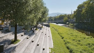 eine grüne Wiese, ein Fluss und Bäume eine grüne Wiese, ein Fluss und Bäume