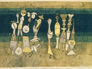 Bild von Paul Klee in Ocker und Grüntönen mit Figuren und anderen Objekten.