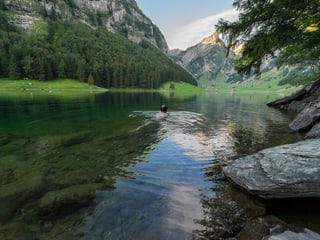 Eine Person badet in einem Alpsee.