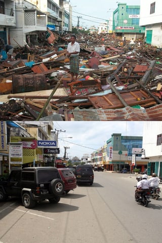 Peunayong-Quartier, Banda Aceh, Indonesien am 26. Dezember 2004 und 19. Dezember 2009. (keystone)