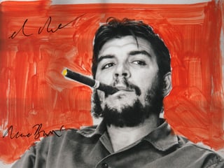 Ein Porträt von Che Guevara, er hat eine Zigarre im Mund.