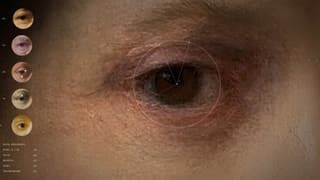 Das Auge auf einem Rembrandt-Gemälde mit Zahlen und geometrischen Formen darauf. Das Auge auf einem Rembrandt-Gemälde mit Zahlen und geometrischen Formen darauf.