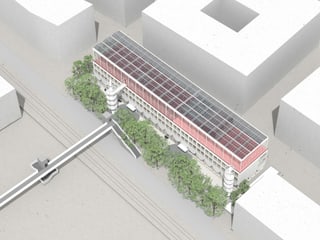 Visualisierung der Schule in Zürich-Wollishofen, mit einer Sportanlage auf dem Dach.