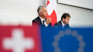 Schweizer Fahne und EU-Fahne im Vordergrund, im Hintergrund ist Didier Burkhalter zu erkennen.